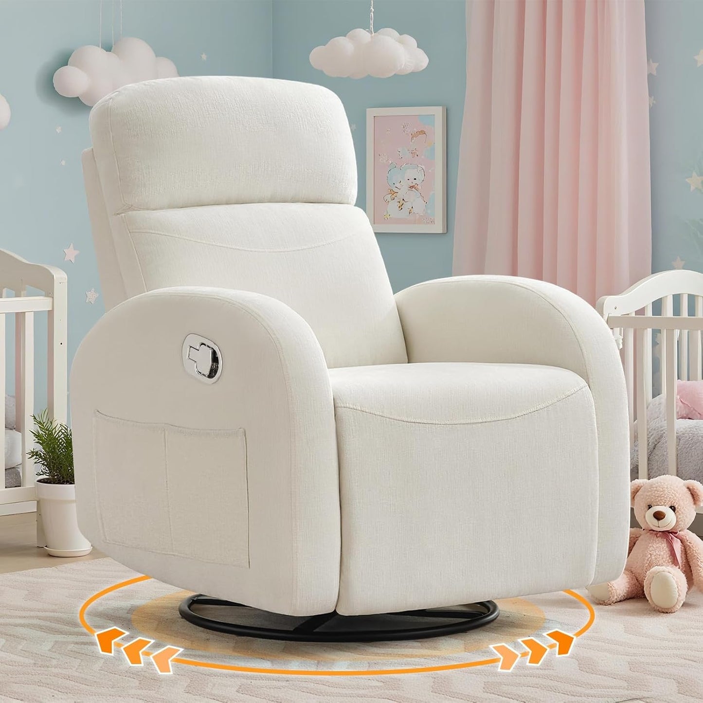 Swivel Rocker Recliner Chair, Rocking Recliner for Nursery with Side Pockets, Manual Swivel Reclining Nursery Glider Chair for Breastfeeding Living Room, Camel Chenille