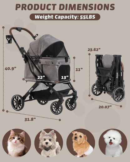 HITTITE Pet Stroller with Weatherproof Cover, All-Terrain 4-Wheel Cat & Dog Stroller with Adjustable Canopy, Foldable Dog Strollers with Storage Basket for Small to Medium Dogs Up to 55 lbs.