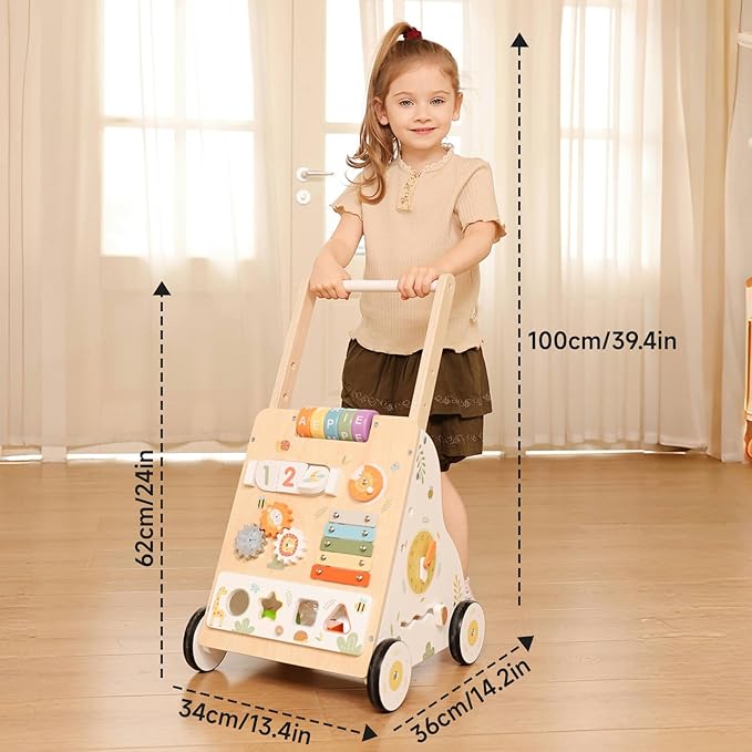 Wooden Baby Walker with Wheels,Adjustable Speed Baby Push Walker for Boys and Girls,Montessori Activity Center Walking Toys for 1 Year Old Learning to Walk,First Birthday Gift
