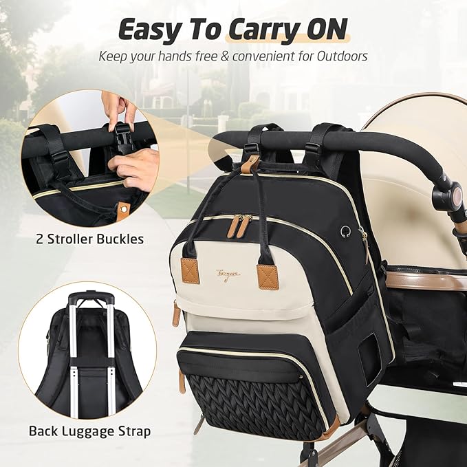 Diaper Bag Backpack - Extra Large Diaper Backpack for 2 Kids Twin, Travel Baby Bags for Mom Dad 25-37L Expandable with Changing Pad, Quilted Beige Black