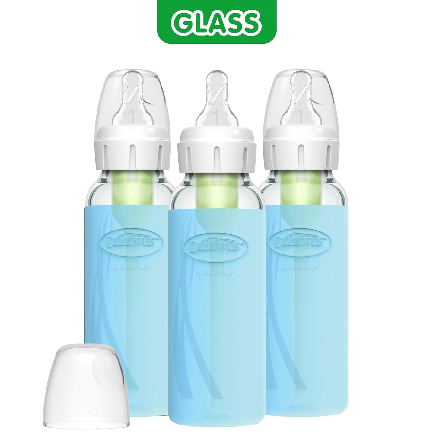 Dr. Brown's Anti-Colic Options+ Narrow Glass Baby Bottles 8 oz/250 mL, with Level 1 Slow Flow Nipple, 3 Pack 0m+ with Mint 100% Silicone Sleeves, BPA-Free