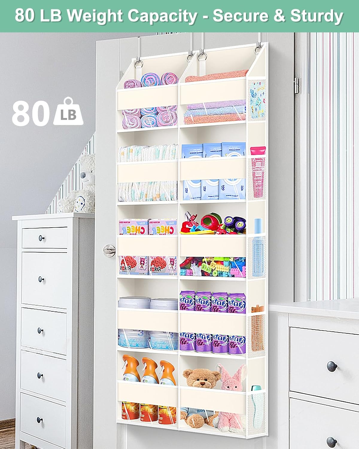 Heavy Duty Over The Door Organizer 5 Tiers, Extra Large Behind Door Storage of 10 Big Front & 10 Mesh Pockets, 80lb Weight Capacity, Hanging Doors Storage Organizer for Closet Bedroom Nursery, Grey