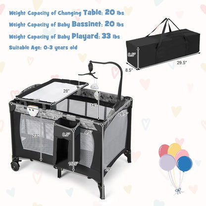 HONEY JOY Pack and Play, 4 in 1 Portable Baby Playard with Bassinet, Changing Table, Lockable Wheels, Music Box, Foldable Travel Baby Crib Nursery Center from Newborn to Toddler (Dark)