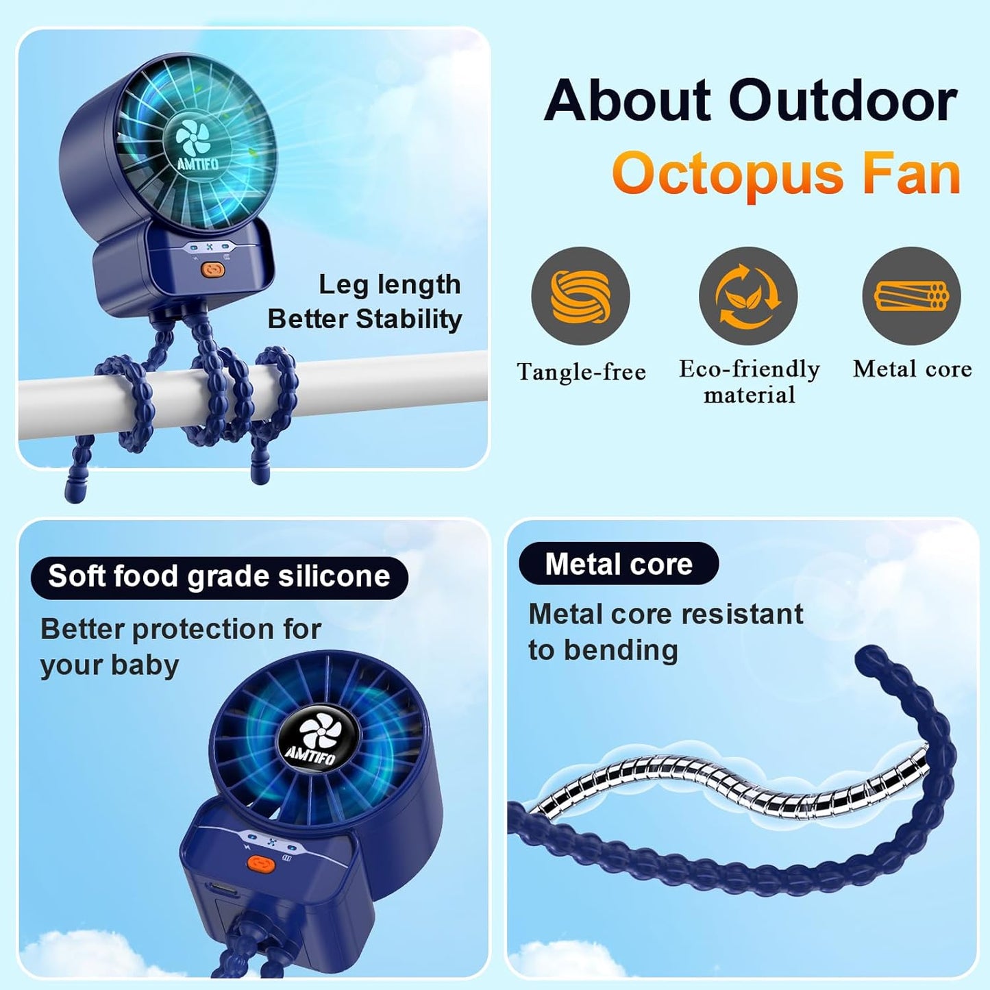 AMTIFO Portable Stroller Fan - 4-Speed Rechargeable USB Fan, Quiet Clip-on Baby Fans for Stroller Crib and Travel - Compact & Battery-Operated Cooling Fans for Baby Comfort on the Go