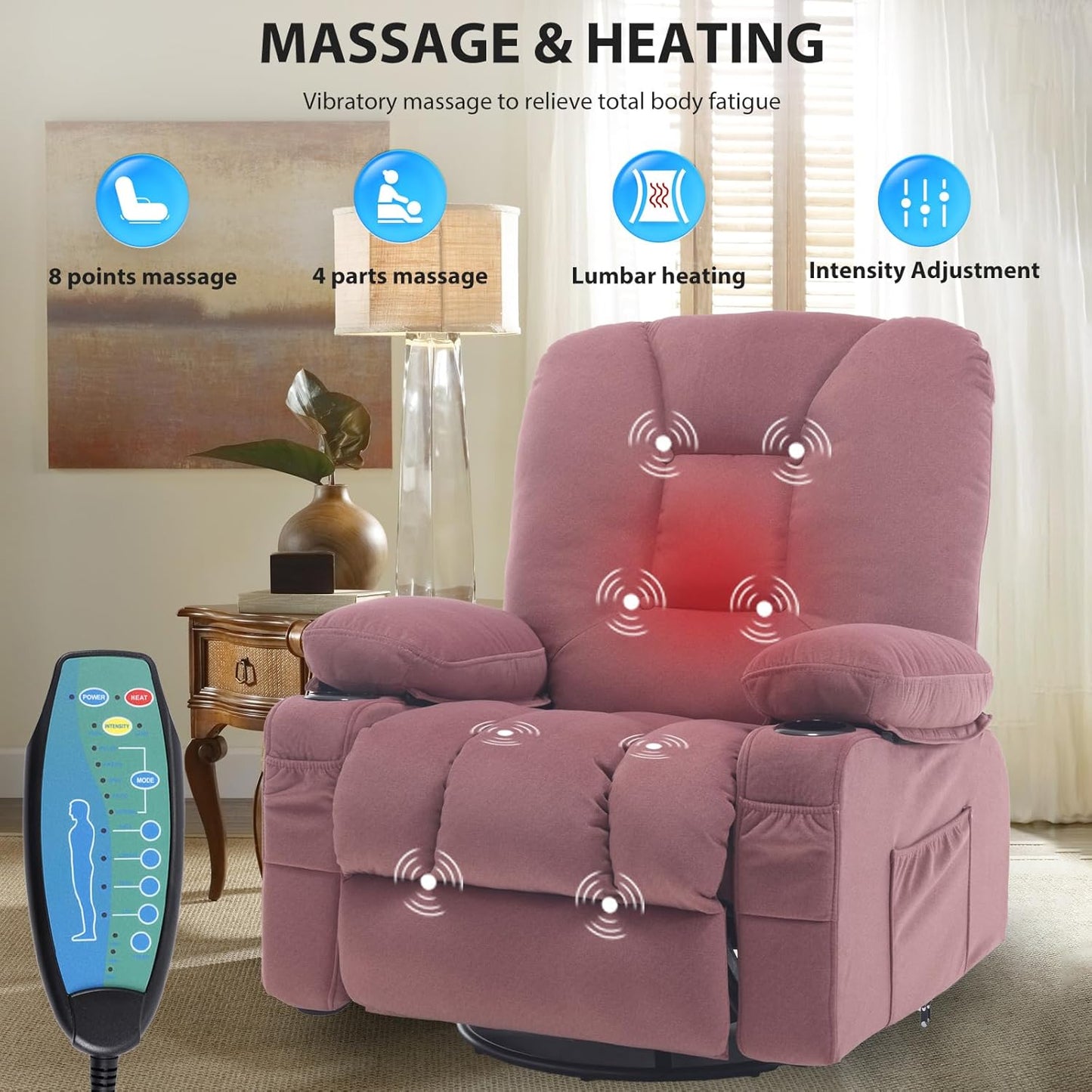 Rocker Recliner Chair with Massage and Heat, Oversized Rocking Nursery Recliners Overstuffed Swivel Glider with Cup Holder, Fabric Manual Single Sofa for Living Room, Beige
