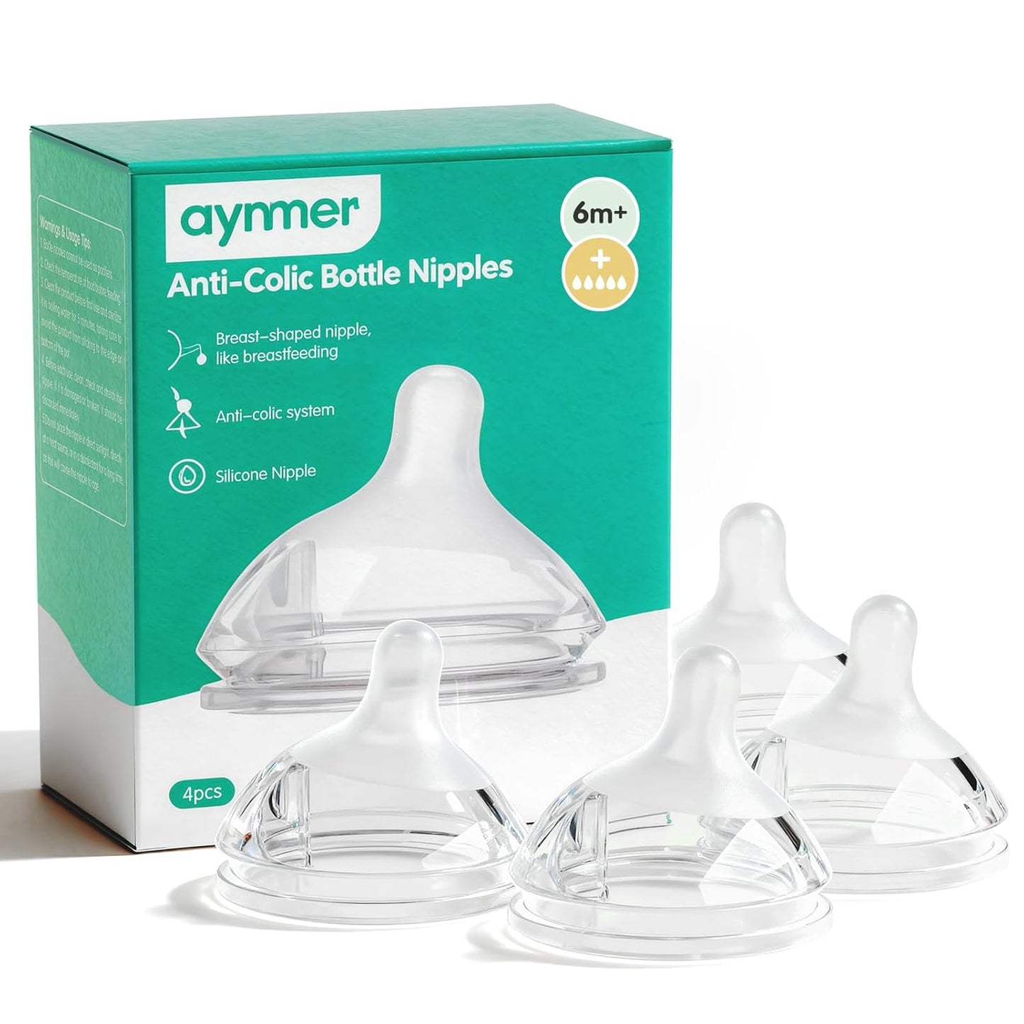 Aynmer Natural Flow Baby Bottle Silicone Nipple，0+ Months, 4 Counts (L)
