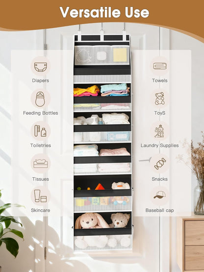 Criusia Over the Door Organizer, 6-Shelf Closet Hanging Storage with 13 Mesh Pockets, 55lbs Capacity Behind the Door Storage for Baby Nursery, Bathroom, Bedroom, and Dorm, Beige