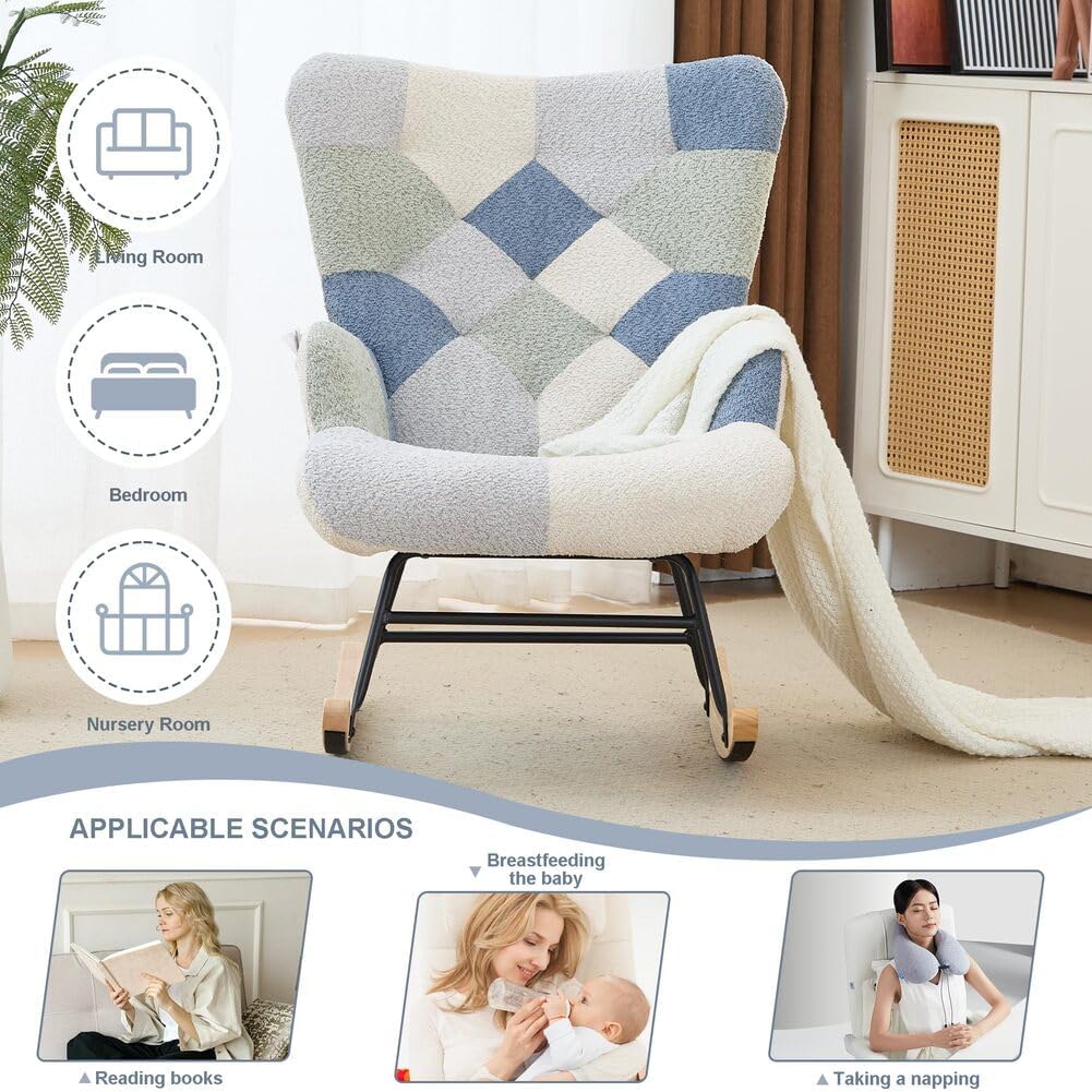 Nursery Rocking Chair Teddy Upholstered Glider Rocker Rocker Accent Chair with High Backrest Armchair Comfy Side Pocket Modern Rocking Accent Chairs for Living Room, Nursery, Office-Green