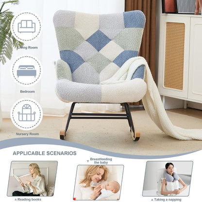 Nursery Rocking Chair Teddy Upholstered Glider Rocker Rocker Accent Chair with High Backrest Armchair Comfy Side Pocket Modern Rocking Accent Chairs for Living Room, Nursery, Office-Green