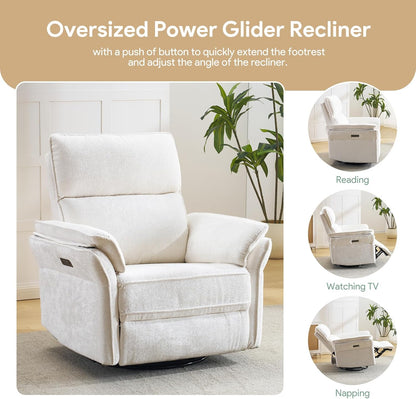 Oversized Swivel Rocker Recliner with Adjustable Headrest, Rocking Chair Nursery with Overstuffed Armrest, Manual Rocker Recliner Nursery Chair for Living Room, White