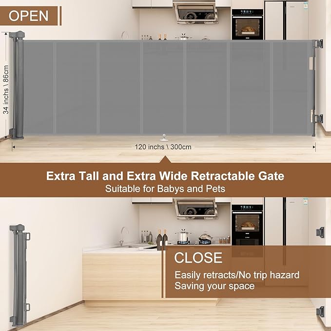 Miumoon 120 inch Retractable Baby Gates 34 inch Tall, Retractable Gate with Reinforced Strip Design to Prevent Crawling Through, 10 FT Extra Wide Retractable Dog Gate for Indoor/Outdoor