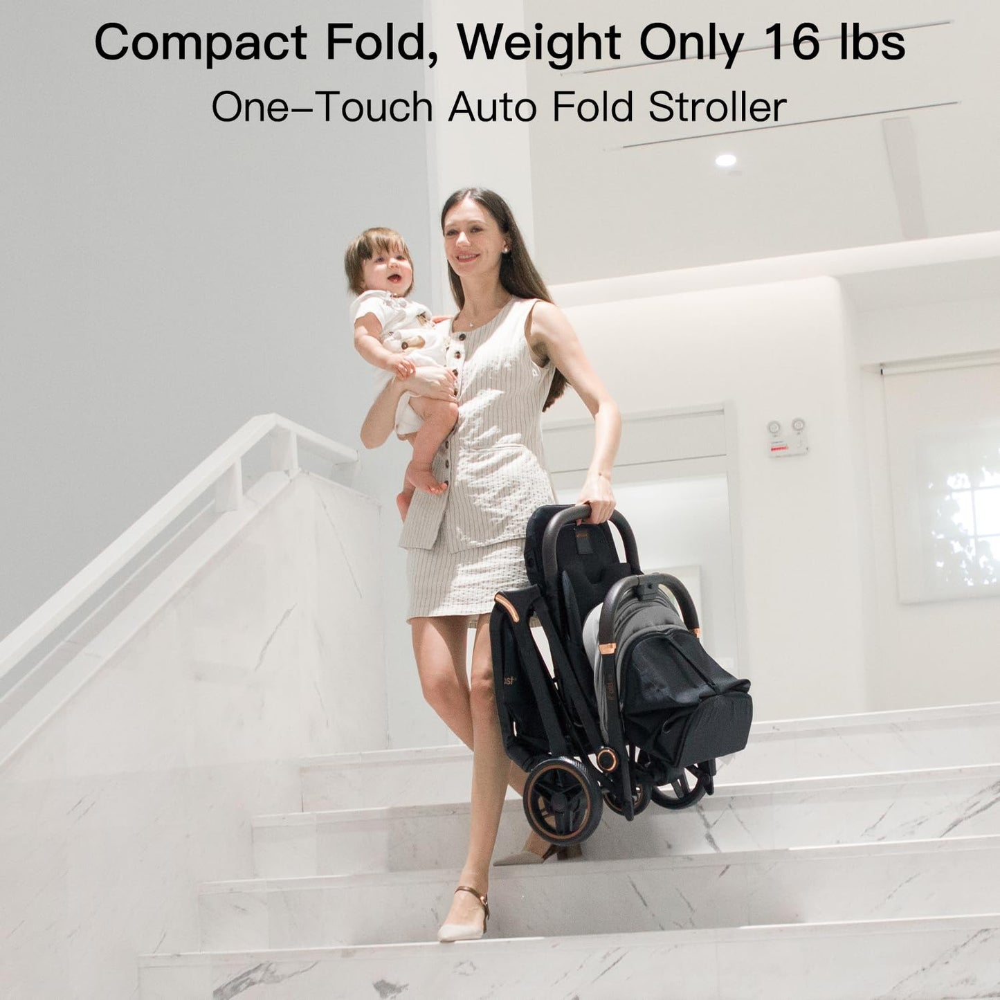 Gromast Gravity Folding Baby Stroller - Portable Travel Toddler Stroller w/Adjustable Backrest, Canopy & Cup Holder, Lightweight and UV Protected, One-Hand Automatic Folding - Green
