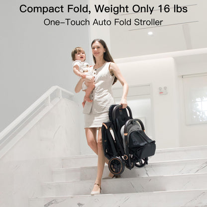 Gromast Gravity Folding Baby Stroller - Portable Travel Toddler Stroller w/Adjustable Backrest, Canopy & Cup Holder, Lightweight and UV Protected, One-Hand Automatic Folding - Green