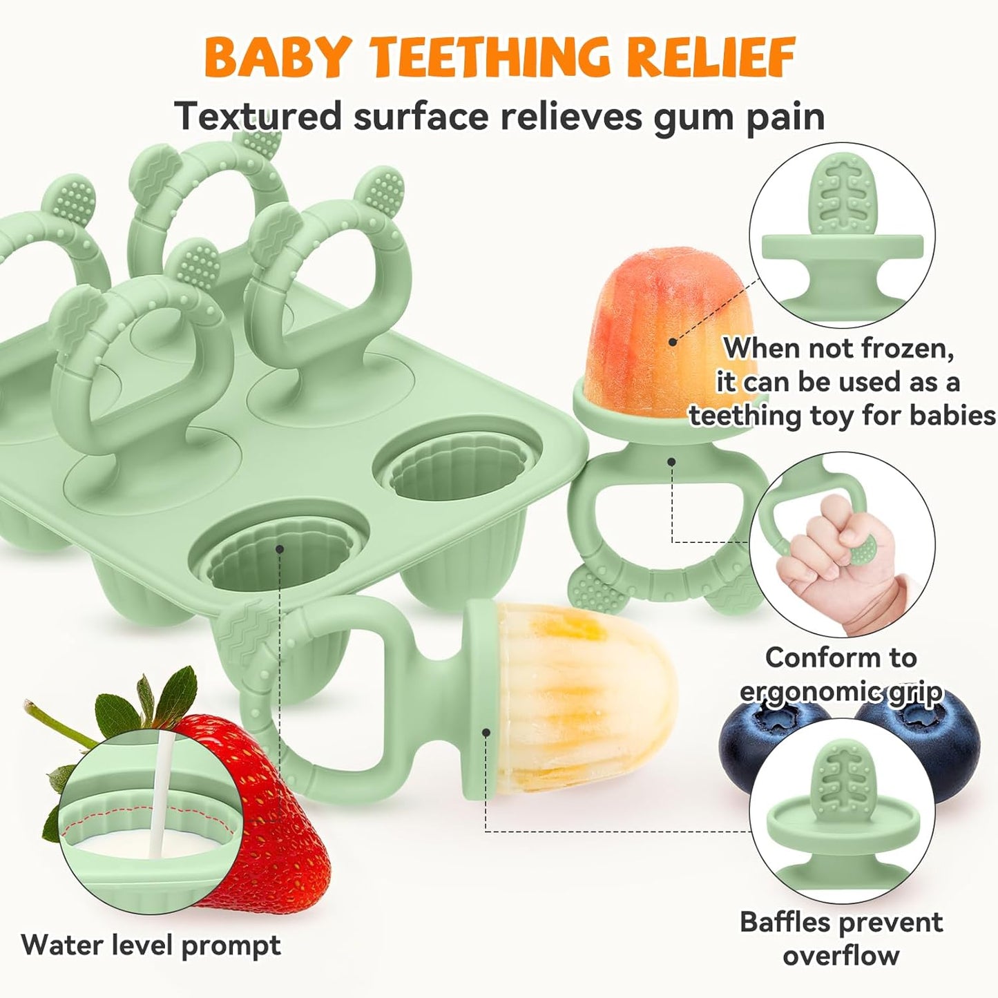 2-in-1 BPA-Free Ice Pop Molds & Silicone Baby Teethers for Teething Relief | Easy Fill Feeder for Breastmilk, Puree & Baby Food | Soothing, Fun & Safe Chewable Teething Toys for Infant & Toddler