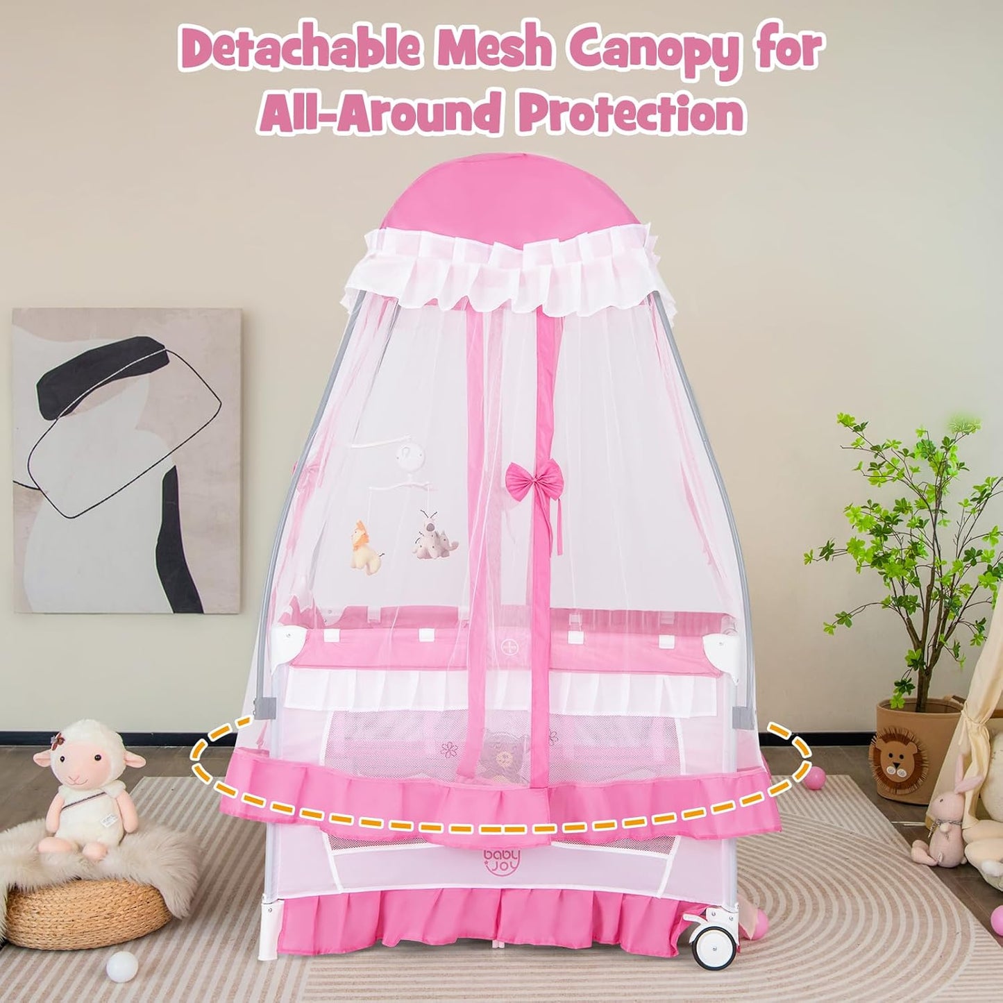 BABY JOY 4 in 1 Pack and Play with Canopy, Portable Baby Playard with Bassinet, Double-Layer Baby Crib, Wheels & Brake, Foldable Baby Girl Pink Princess Bassinet from Newborn to Toddler