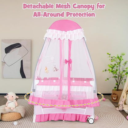 BABY JOY 4 in 1 Pack and Play with Canopy, Portable Baby Playard with Bassinet, Double-Layer Baby Crib, Wheels & Brake, Foldable Baby Girl Pink Princess Bassinet from Newborn to Toddler