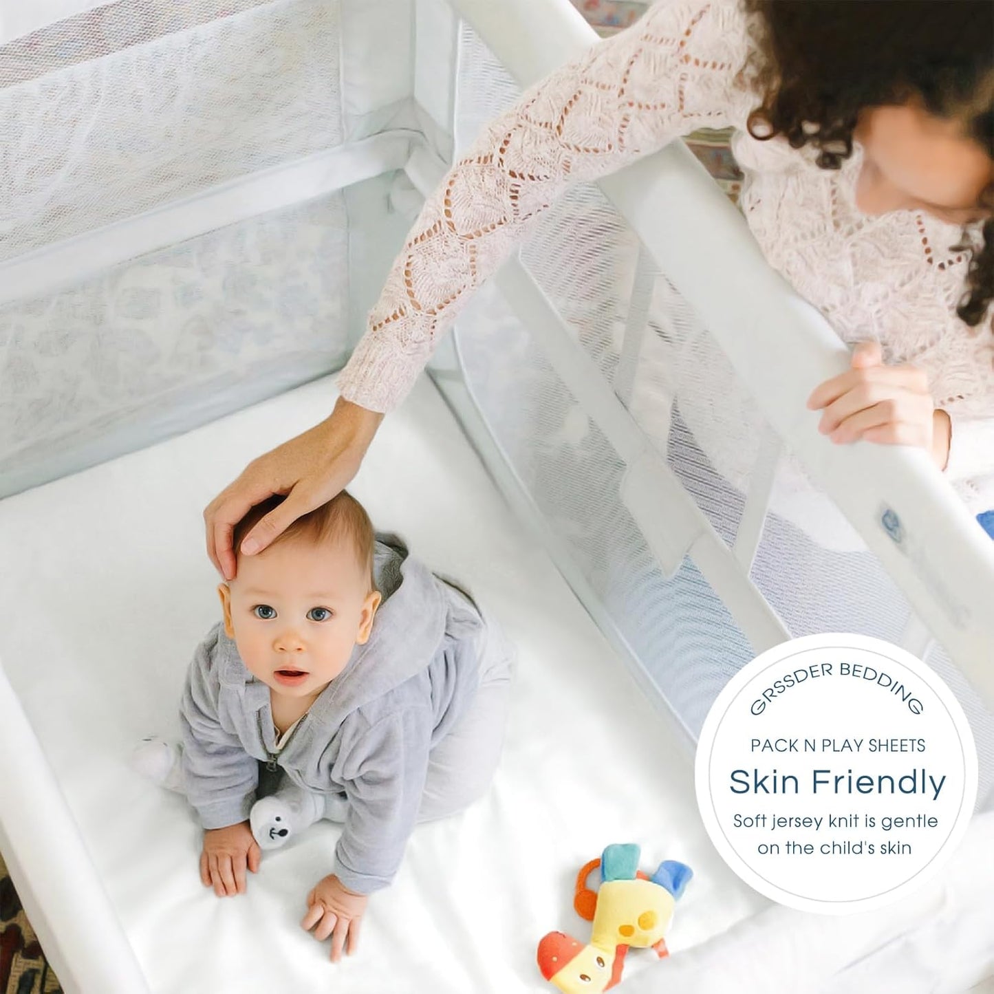 GRSSDER Stretch Ultra Soft Jersey Knit Fitted Pack n Play Playard Sheets Set 2 Pack，Fits Portable/Mini Cribs Sheets, Playards Mattress Pads, Stylish Watercolor Animals for Baby, Mint Green