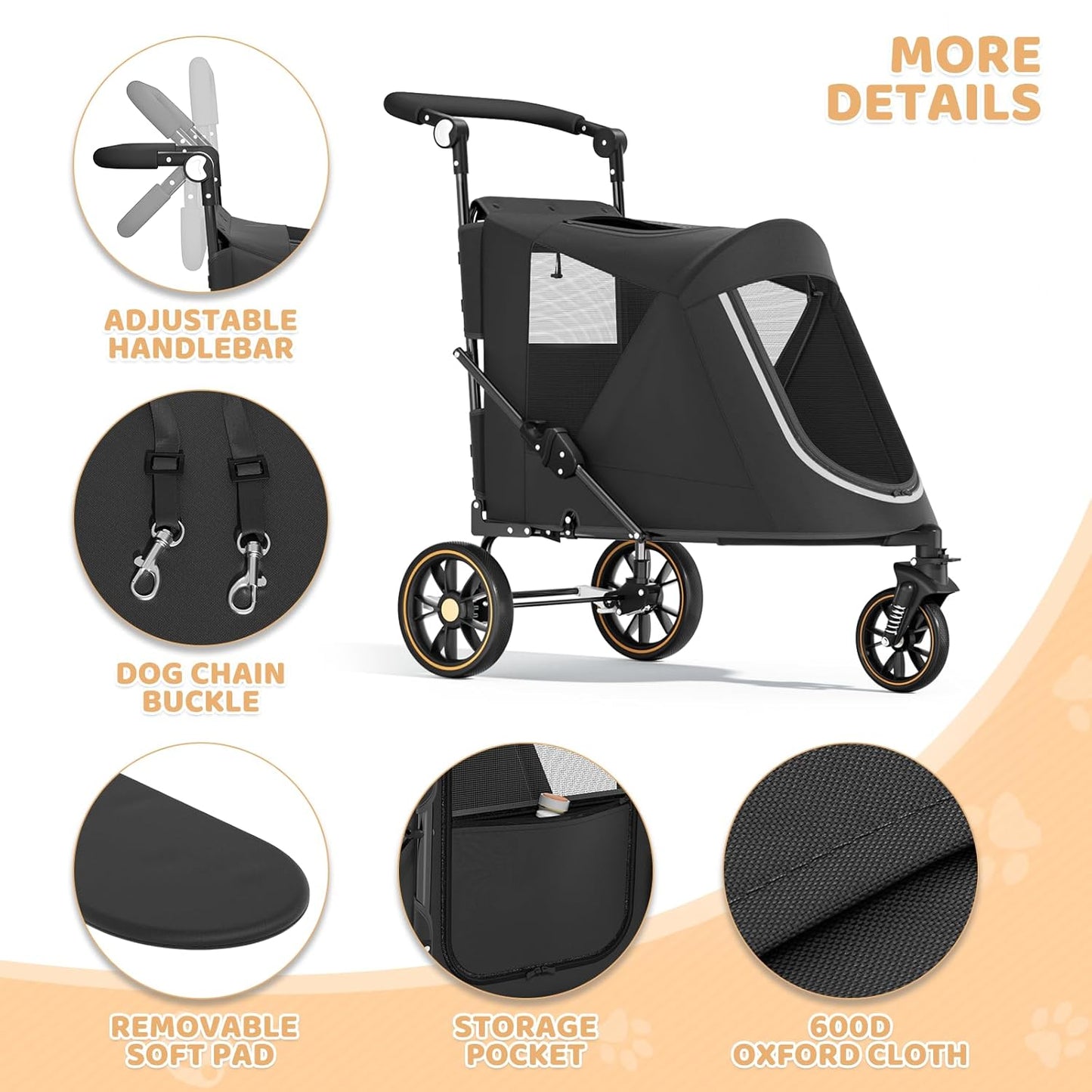 Magshion Compact Pet Stroller for Small-Medium Dogs/Cats up to 22lbs, 4-Wheel Lightweight Umbrella Shaped Portable Puppy Travel Jogger with Breathable Mesh, Cup Holder & Rear Storage, Black