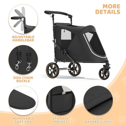 Magshion Compact Pet Stroller for Small-Medium Dogs/Cats up to 22lbs, 4-Wheel Lightweight Umbrella Shaped Portable Puppy Travel Jogger with Breathable Mesh, Cup Holder & Rear Storage, Black