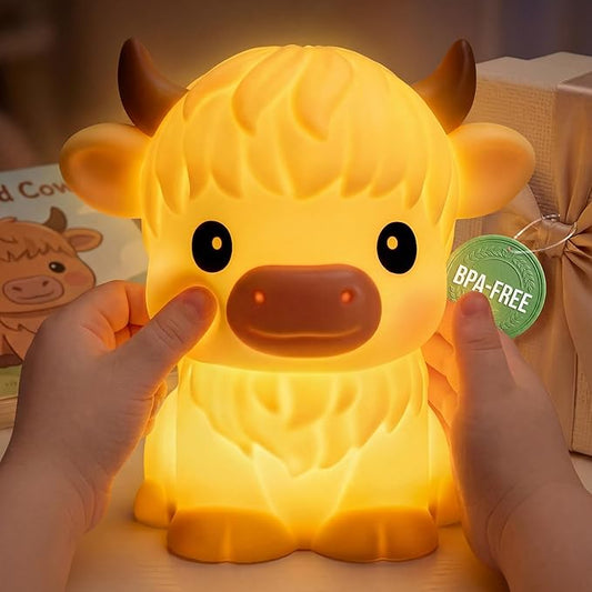 BPA-Free Silicone丨Huggwaii Highland Cow Night Light for Kids, Dimmable Squishy Night Light Touch Cow Lamp, Highland Cow Gifts for Nursery, 30 Auto-Off Timer, Cute Room Decor for Boys Girls Women
