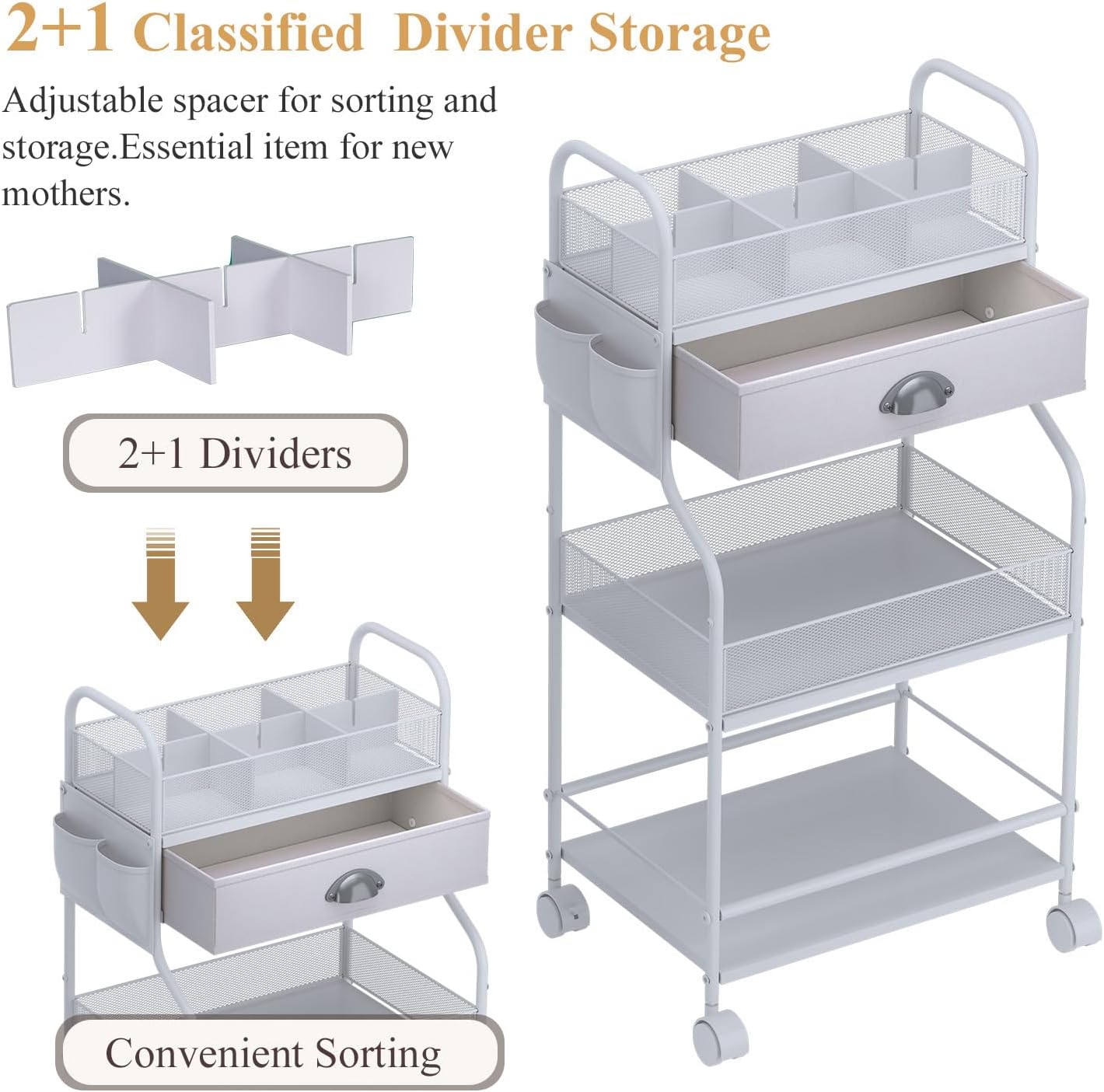 3-Tier Baby Diaper Caddy Cart Organizer,Mobile Nursery Storage Carts with Wheels,With 2 Dividers&14 Mesh Pockets Durable Metal Utility Cart for Nursery, Bedroom, Bathroom, Baby Essentials Organization