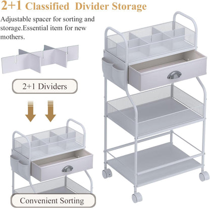 3-Tier Baby Diaper Caddy Cart Organizer,Mobile Nursery Storage Carts with Wheels,With 2 Dividers&14 Mesh Pockets Durable Metal Utility Cart for Nursery, Bedroom, Bathroom, Baby Essentials Organization
