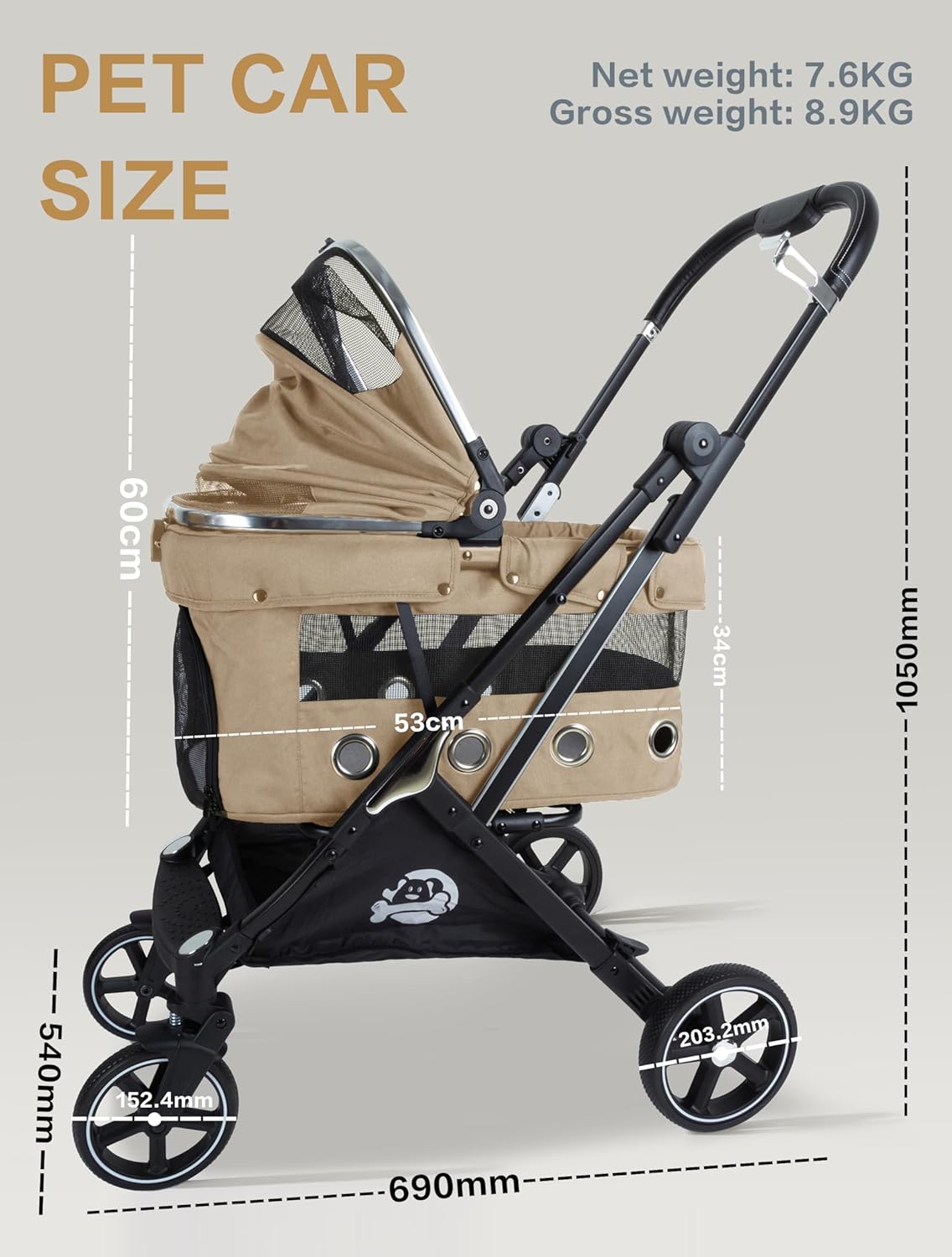 JK Pawadore 4 Wheels Pet Stroller Best Lightweight Foldable Portable Secure Easy Lock NO-Zip 180 ̊ Canopy Sun Shades Waterproof for Small/Medium Dogs 33lbs with Large Storage Basket (Khaki)