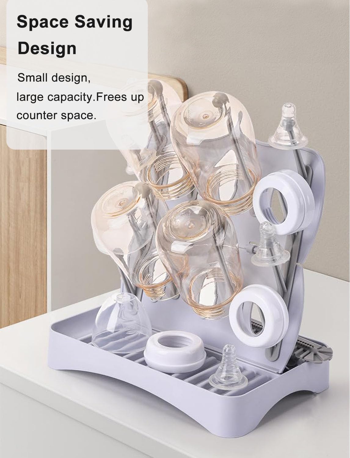 Portable Bottle Drying Rack with Drain Mat, Foldable & Space Saving Drying Rack for Baby Bottles, Pump Parts,Cups,Pacifiers, and Reusable Ziplock Dryer Rack(Grey Drying Rack with Drain Mat)