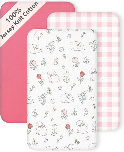 3 Pack Cotton Bassinet Sheets - 35"x19" for Newton, Ezebaby, Evolur Stellar, AMKE 3 in 1 Bedside Sleeper, Ultra Soft & Skin Friendly Bassinet Fitted Sheets, Pink Flower