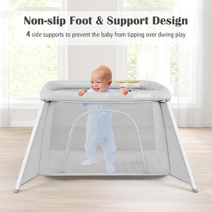 INFANS Travel Crib, Portable Baby Playpen with Removable Bassinet Soft Mattress Carry Bag, Foldable Lightweight Playard Nursery Center for Newborns Toddlers (Light Gray)