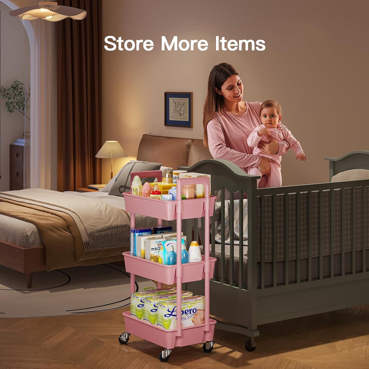 Pipishell 3 Tier Rolling Cart Organizer, Plastic Rolling Cart with Lockable Wheels & Reinforced Handle, Lightweight Utility Cart Storage Cart for Nursery, Kitchen, Bathroom, Craft Room, White, PIUC14W