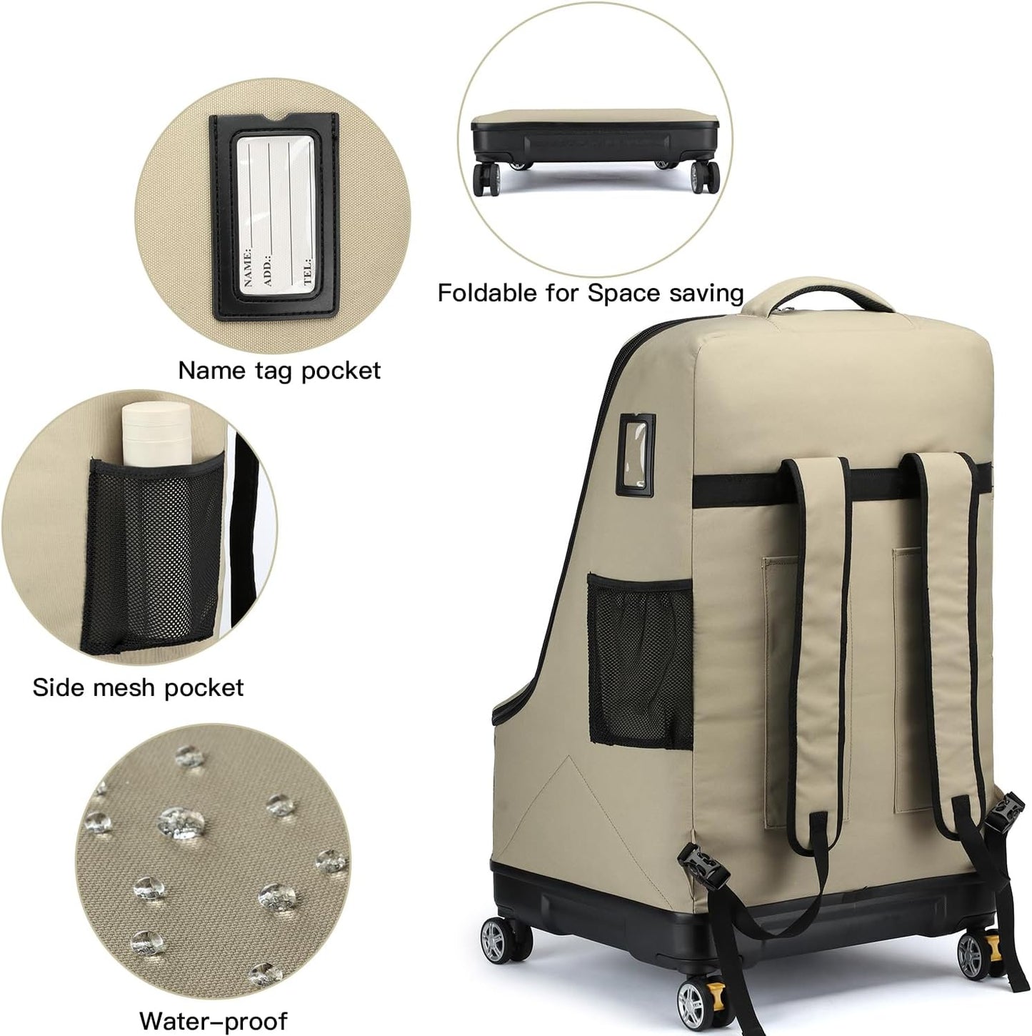 TUGUAN Car Seat Travel Bag for Airplane with Spinner Wheels, Infant Car Seat Bags for Air Travel with Hard Bottom, Padded Car Seat Backpack, Large Car Seat Storage Bag for Airport Check, Brown