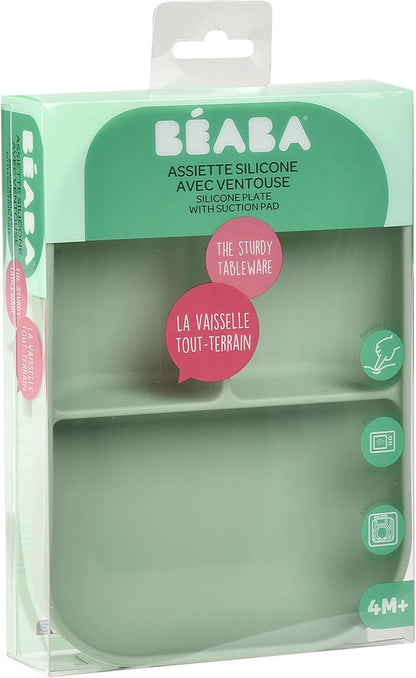 Beaba Silicone Suction Plates for Baby, Made with High Grade Food Safe Silicone, Toddler Dishes, Soft Unbreakable Baby Plates with Suction Bottom, Sage