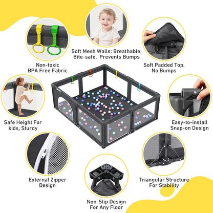 Baby Playpen Foldable Playpen for Babies and Toddlers, Large Playpens Portable Play Pen Play Yard for Kids Fence Indoor Outdoor Travel 4 Handlers 50 Balls Baby Gifts Essentials 50"X50" Dark Grey