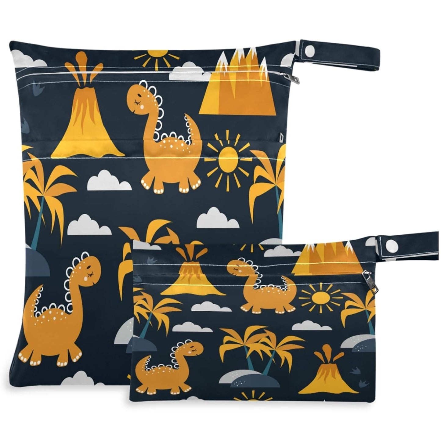 visesunny Yellow Dinosaurs Volcano and Palm Tree 2Pcs Wet Bag with Zippered Pockets Washable Reusable Roomy for Travel,Beach,Pool,Daycare,Stroller,Diapers,Dirty Gym Clothes, Wet Swimsuits, Toiletries