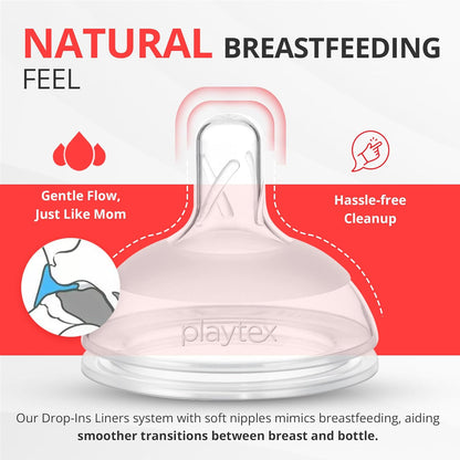 Playtex Baby Anti-Colic Nurser Bottles with Pre-Sterilized Disposable Drop-Ins Liners, 4 Oz Bottles (3 Count), Includes Slow Flow Nipples for Newborn and Breastfeeding Babies, Feeding Essentials