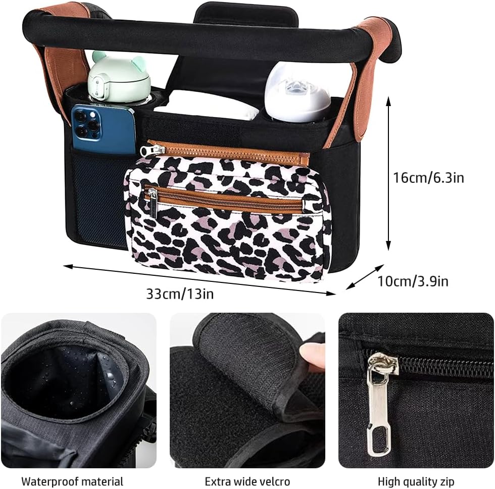 Baby Stroller Organizer, Universal Stroller Organizer with Detachable Phone Bag, Stroller Caddy with 2 Insulated Cup Holders, Buggy Organizer Bag with 2 Hooks Fits Most Strollers (Balck)