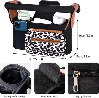 Baby Stroller Organizer, Universal Stroller Organizer with Detachable Phone Bag, Stroller Caddy with 2 Insulated Cup Holders, Buggy Organizer Bag with 2 Hooks Fits Most Strollers (Balck)