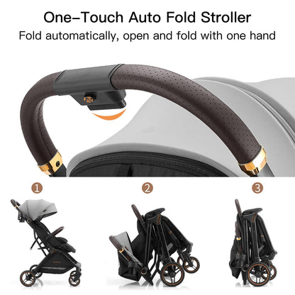 Gromast Gravity Folding Baby Stroller - Portable Travel Toddler Stroller w/Adjustable Backrest, Canopy & Cup Holder, Lightweight and UV Protected, One-Hand Automatic Folding - Green