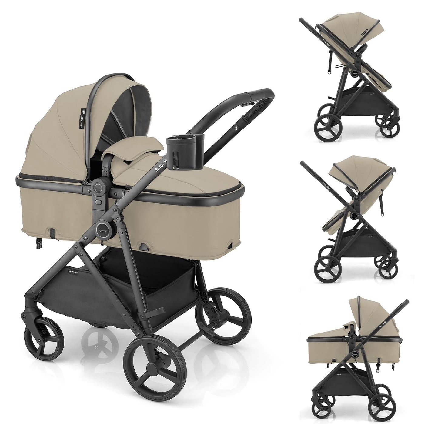 Gromast 3-in-1 Baby Stroller, Convertible Stroller for Newborn Infant Toddler with Reversible Seat, UPF 50+ Canopy & Cup Holder - Black