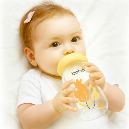 YOHKOH Natural Glass Baby Bottle with Level 1 Slow Flow Nipple, Newborn Anti-Colic Baby Bottles, Wide Neck Mushroom Baby Glass Bottle (Multicolour-A, 3.4oz (Pack of 4))