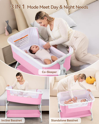 Larex Baby Bassinet Bedside Sleeper Crib Co Sleeper for Newborn Infant Toddler with Mosquito Net, Storage Bag & Basket, 5-Height Adjustable, Movable Wheels, Breathable Mattress & Mesh (Dark Gray)