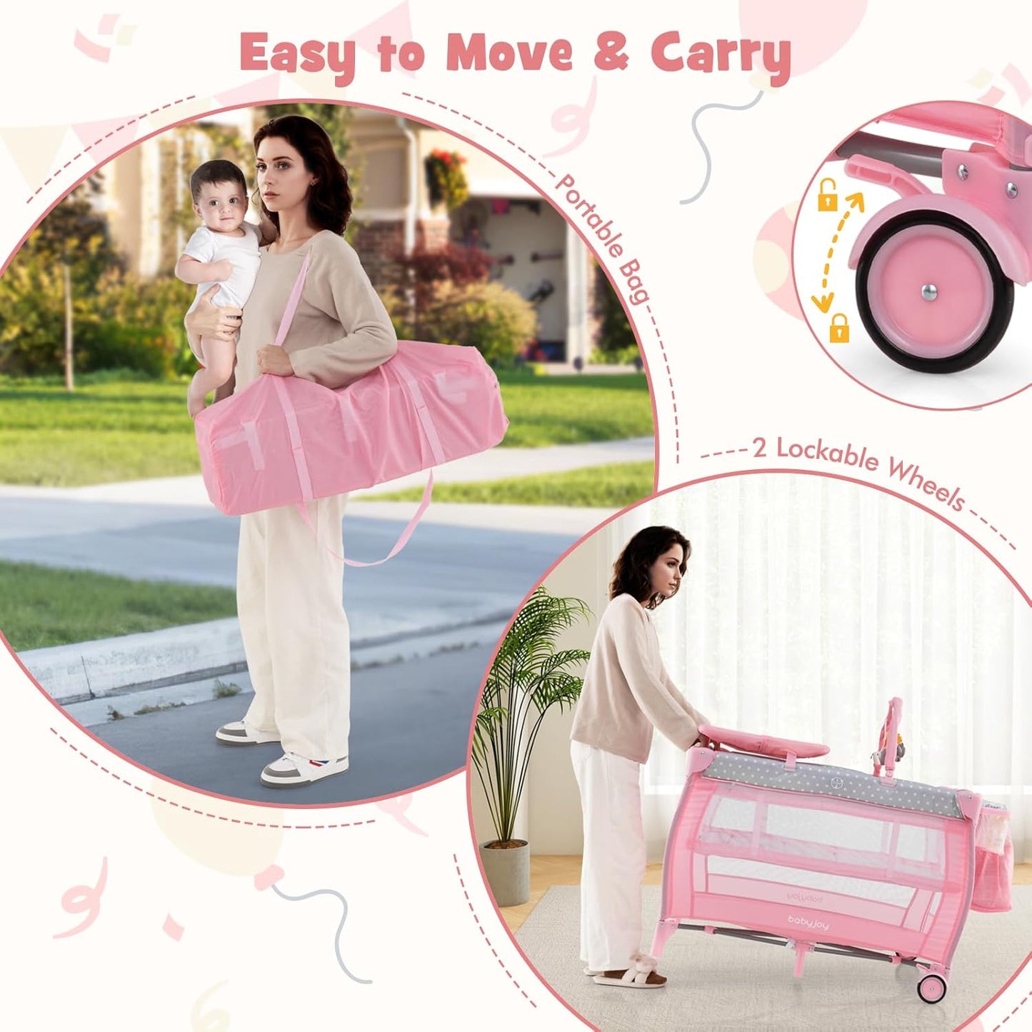 BABY JOY 3 in 1 Portable Pack and Play with Bassinet, Convertible Baby Travel Crib Playard with Changing Table, Brake Wheel, Newborn Napper with Large Capacity Storage Shelf, Oxford Carry Bag