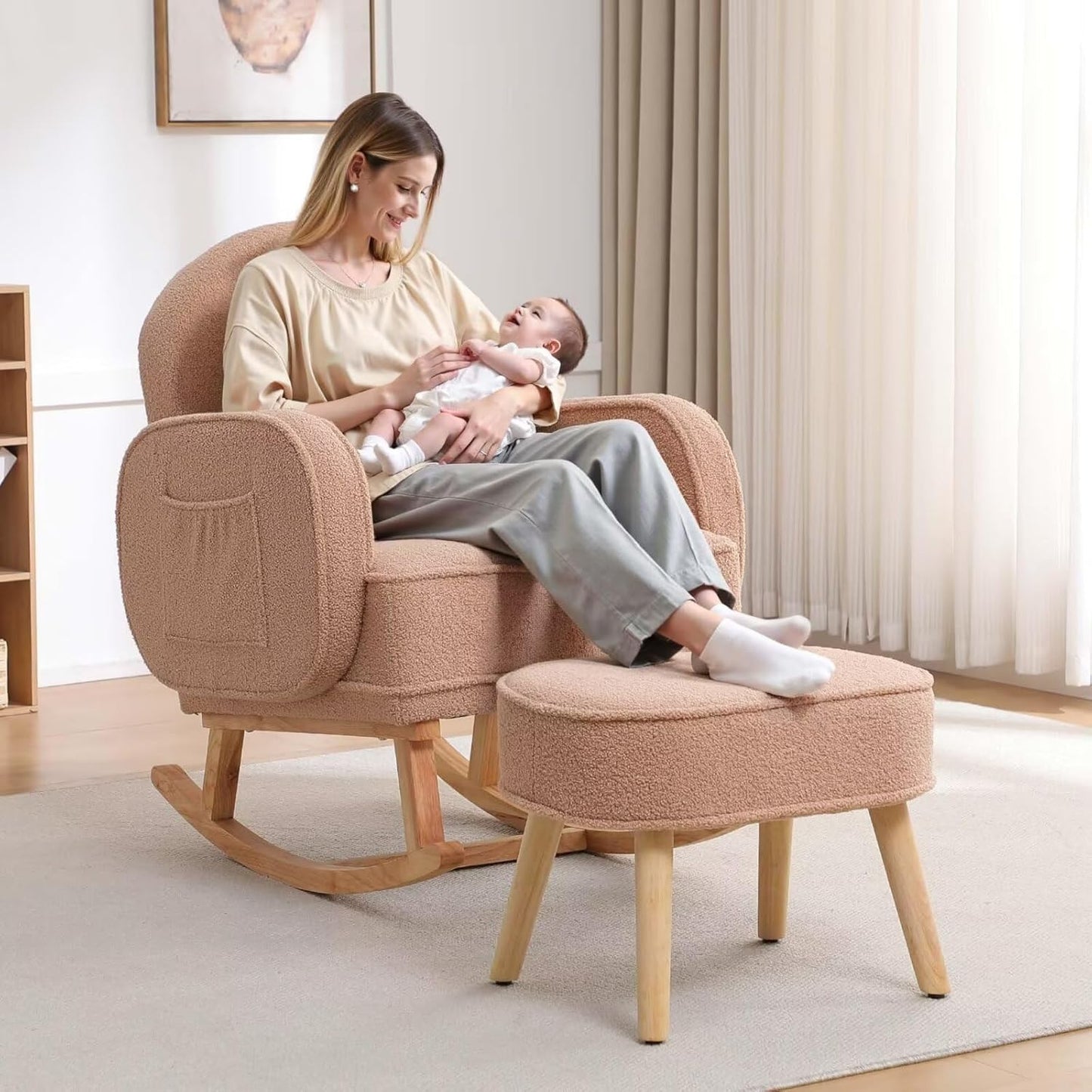 HCHAIRH Nursery Rocking Chair with Ottoman, Upholstered Glider Rocker with High Backrest Side Pocket, Rocking Accent Armchair with Solid Wood Legs for Nursery, Living Room, Bedroom, Light Grey