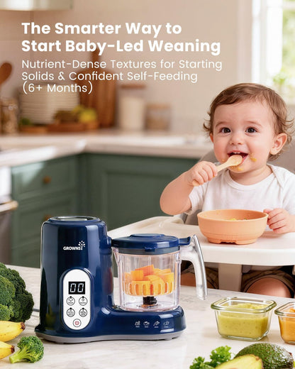 Grownsy Baby Food Maker with Steam Basket, One Step Baby Food Processor Steamer Puree Blender Grinder Mills Machine, Auto Cooking Grinding and Sterili-zing for Healthy Homemade Baby Food, Blue