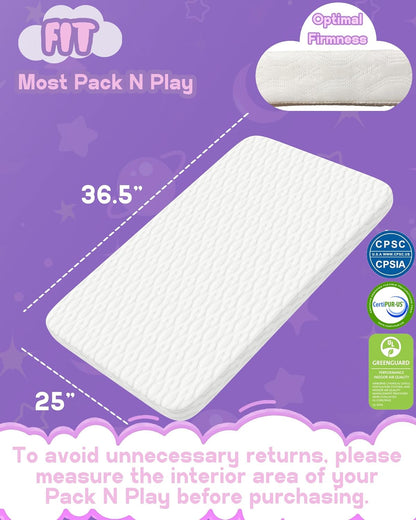 WELLZEE Pack N Play Mattress 36.5"x25", Fit for Dream On Me Nest/Zodiak/Zoom Portable, Pamo Babe Deluxe and Baby Trend Playard, Breathable & Washable Cover, Ultra-Suppotive Foam