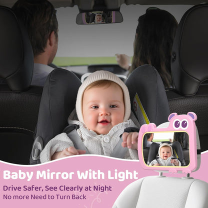 2-in-1 Baby Car Mirror with Lights & Soft Sounds, Cry Detector, Clear Night View, 360° Rotation, Shatterproof, Rear Facing Baby Car Seat Mirror with Remote Control, Perfect Baby Shower Gifts (Green)