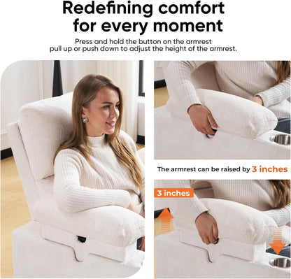 Rocking Chair Nursery with Adjustable Armrests, Electric Glider Recliner Nursing Chair for Breastfeeding, Power Swivel Recliner Chairs with Massage and Heat, Adjustable Headrest , FSC Certified, White