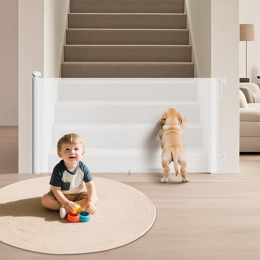 Retractable Baby Gate - 55" Wide x 34" Tall Retractable Mesh Gate with Anti-Crawl Hook, Adjustable Baseboard Bracket, Pet Gate for Stairs and Doorways, Hallways, Kitchen, White