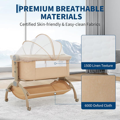 GarveeTech Bedside Bassinet Baby Bassinet for Baby, 3 in 1 Bedside Sleeper with Baby Co-Sleeper Travel Crib with Detachable Mosquito Net & Storage Basket | Adjustable Height, Wheels Included (Khaki)